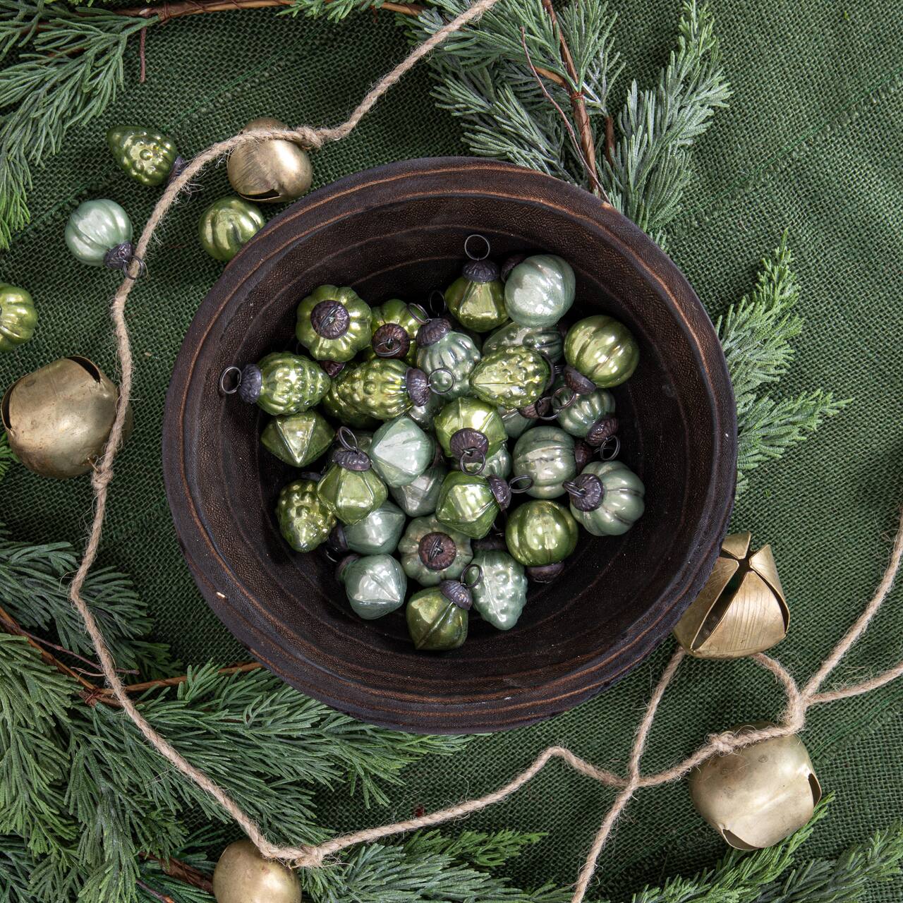 Hello Honey® 36ct. 1" Green Embossed Mercury Novelty Ornaments in Muslin Bag